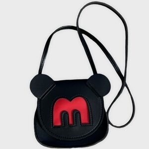 Faux leather crossbody. Black with red letter M.